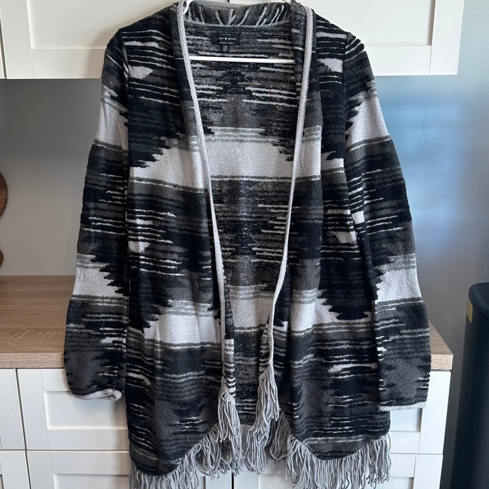 Lucky Brand Women Southwestern Cardigan Sweater Black Gray Fringe Aztec Tribal L
